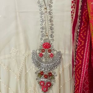 White Anarkali with silver work, pants & pink colorful dupatta. Sz M (4-6)